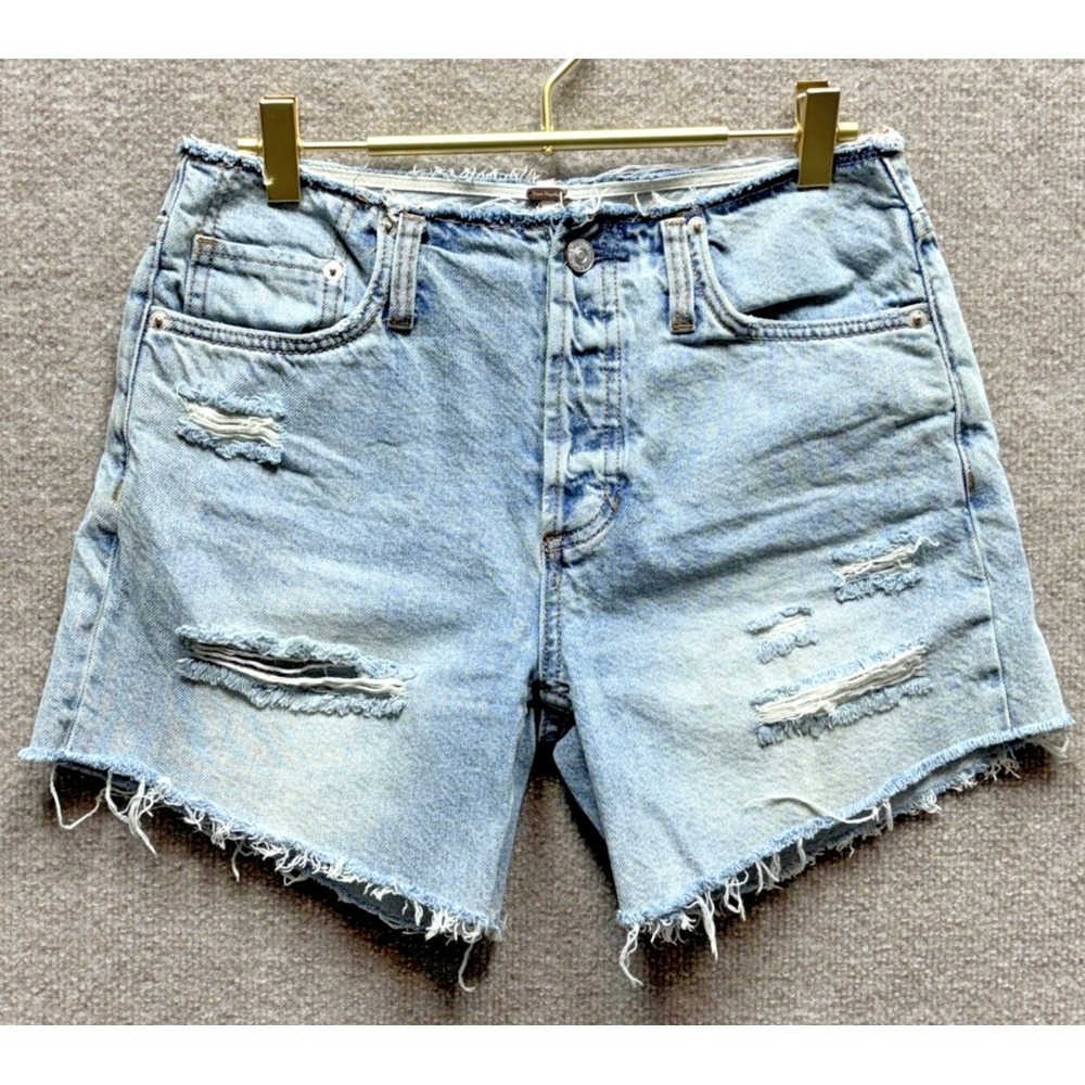 Free People Shorts Women 25 Blue Jean Denim Distressed Button‎ Fly Raw Waistband